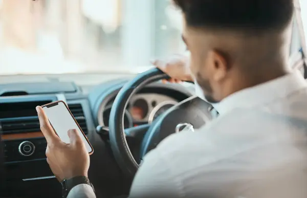 Business man, phone map and driving car on mockup screen to search location on mobile application from the back. Worker, transportation driver or scroll smartphone for direction to travel in journey.