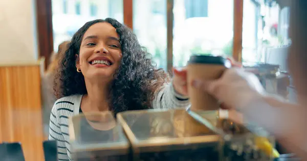 Happy woman, barista or customer order at cafe for service, payment or tea cup on counter at coffee shop. Serving, waitress pov or employee in small business restaurant helping a client at checkout.