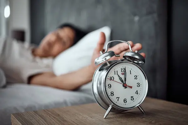 Alarm Sleeping Hand Clock Awake Oversleep Tired Bedroom Home House — Stock Photo, Image