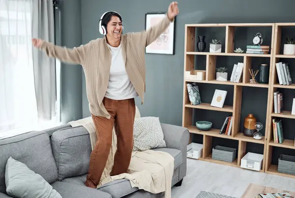 Headphones Senior Happy Woman Dancing Music Streaming Relax Freedom Home — Stock Photo, Image