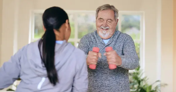 Woman Senior Man Workout Dumbbells Health Workout App Progress Nursing — Stock Photo, Image