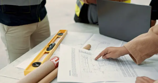 People Engineer Hands Blueprint Planning Construction Brainstorming Ideas Table Site — Stock Photo, Image