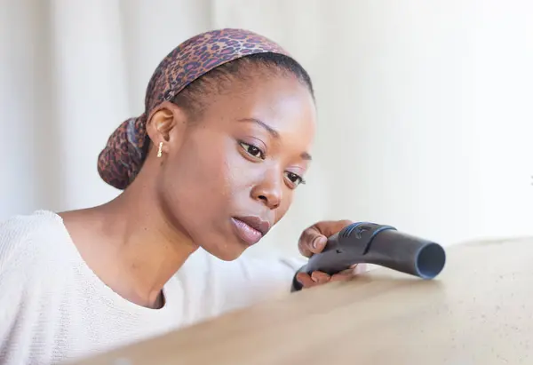 Cleaning Vacuum Hygiene Black Woman Doing Housework Chores Alone Home — Stock Photo, Image