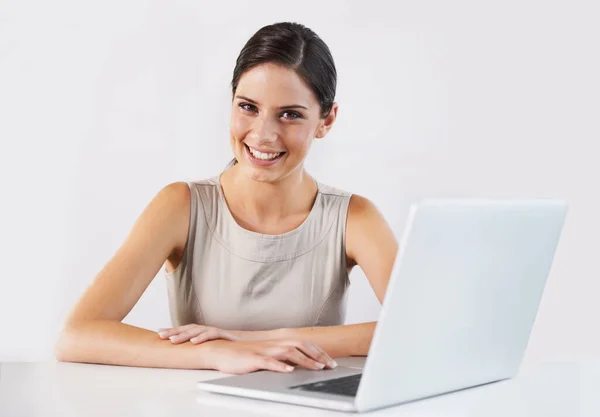 Woman Portrait Laptop Software Communication Research White Background Studio Happy Stock Picture