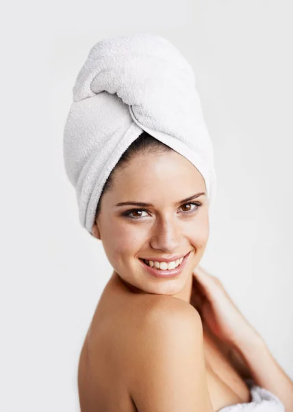 Happy Beauty Woman Towel Studio Health Wellness Natural Face Routine Royalty Free Stock Photos