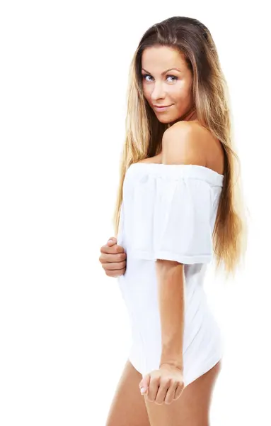 Portret Szczęśliwy Kobieta Koszulce Dla Mody Studio Odizolowane Białym Tle — Zdjęcie stockowe