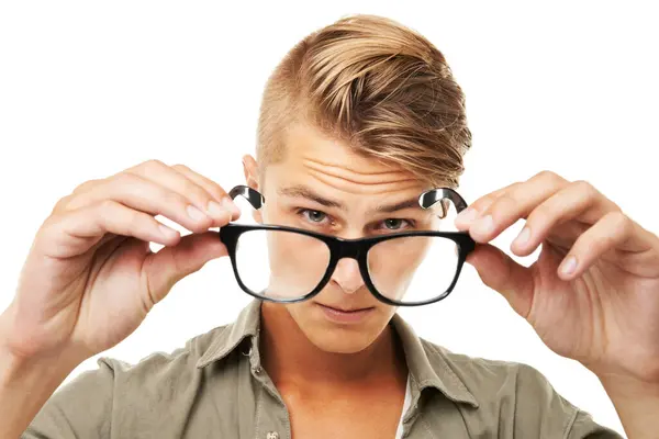 Perspective Portrait Man Glasses White Background Vision Eye Care Test — Stock Photo, Image