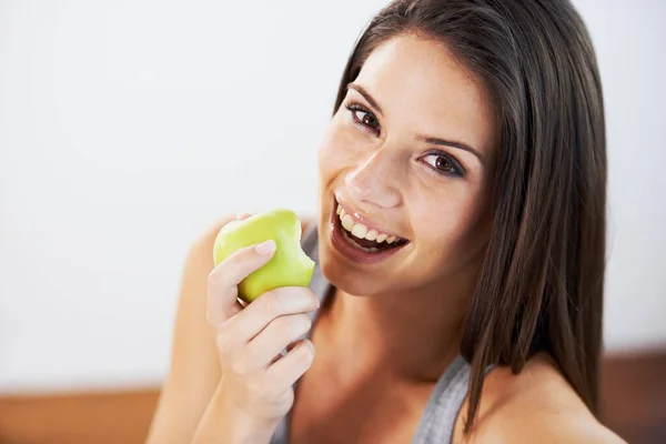 Woman Smile Eating Apple Health Wellness Portrait Nutrition Vitamins Vegan Stock Image