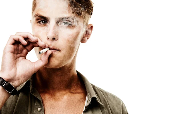 Man Portrait Smoking Cigarette Studio Nicotine Enjoyment Habit White Background — Stock Photo, Image