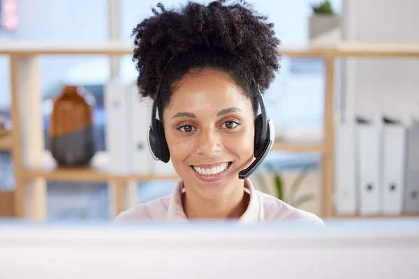 Call center, black woman portrait and customer service, consulting and crm support, help desk questions and telemarketing office employee. Happy consultant, sales worker and tech communication online.