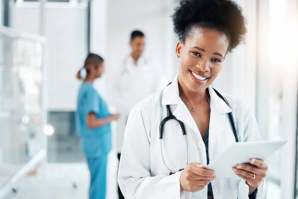 Research, portrait and black woman with tablet for healthcare, medicine and consultation email. Schedule, communication and African doctor with technology for service, telehealth and nursing.
