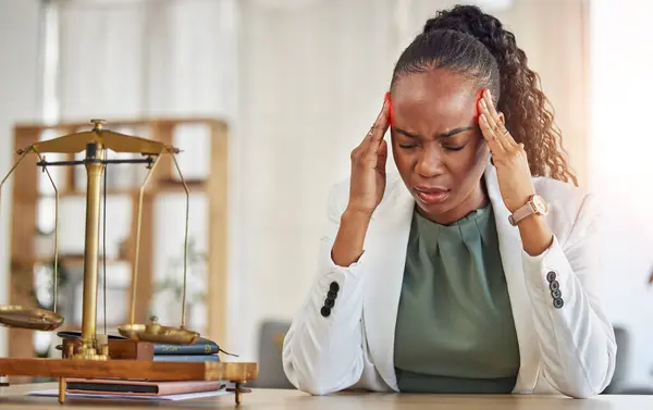 Stress, headache with black woman and lawyer with fail on case frustrated in office. Business, professional and law firm employee with African female worker with attorney and burnout from job mistake.