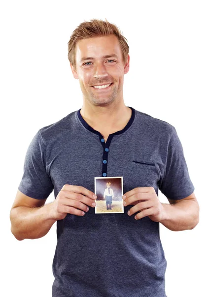 Segurando Fotografia Feliz Retrato Homem Com Imagem Criança Para Memória — Fotografia de Stock