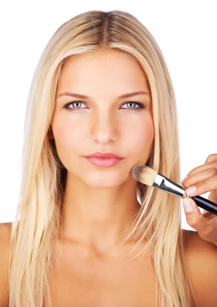 Makeup Brush Portrait Woman Studio Application Foundation Cover White Background — Stock Photo, Image