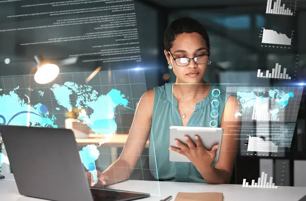 Black woman with tablet, laptop and data overlay for erp innovation, research and programming in future technology. Futuristic global analytics, it software and developer for startup business website.
