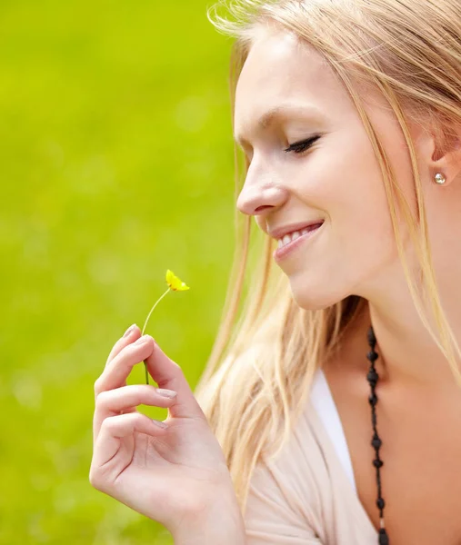 Woman Smile Smelling Flower Grass Garden Outdoor Field Growth Spring Stock Image