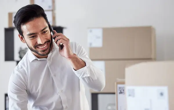 Phone call communication, business delivery and happy man discussion about product, stock distribution or courier shipping. Supply chain person, export service or conversation with smartphone contact.