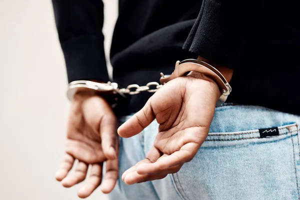 Back Arrest Handcuffs Man Suspect Crime Law Enforcement Closeup Gray — Stock Photo, Image