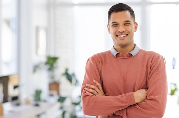 Portrait, mockup and proud businessman in office with future, vision and ambition on blurred background. Face, worker and guy leader excited for career, goal and idea while advertising copy space.