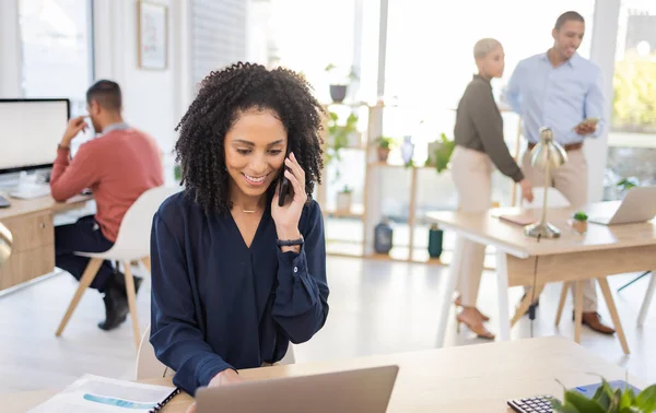 Phone call, laptop and black woman in office for communication, information and networking. Entrepreneur person at advertising agency talking to contact for proposal deal or digital marketing at desk.