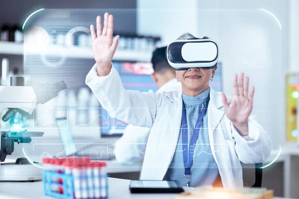 Senior scientist, woman with virtual reality and graphs, digital science data for medical research in lab with overlay. Dashboard, female doctor and experiment stats with metaverse and investigation.