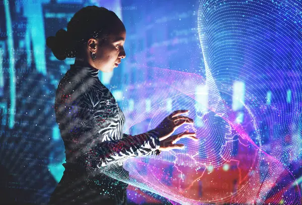 Woman, metaverse and global network with hologram, futuristic and security with connection, digital and software. Holographic, world or future with web design, cyber or 3d with virtual reality or ai.