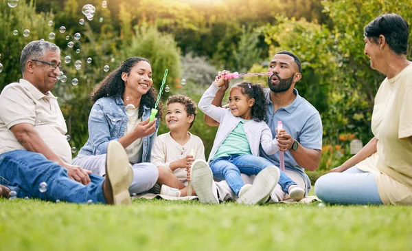 Nature picnic, bubbles and happy family relax, smile or kids enjoy toys, outdoor time together and garden fun. Natural spring freedom, park games or bonding grandparents, parents and children playing.