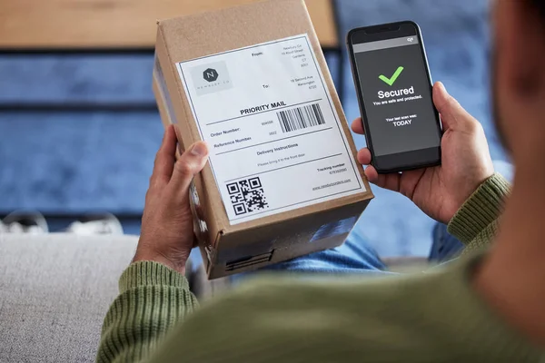 Package label, phone screen and person hands reading security check, ecommerce safety scan or online shopping order. Tick, box. shipping and home customer with smartphone, delivery or product barcode.