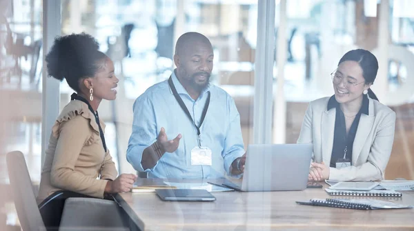 Business people, African leader and group in meeting with planning, laptop or financial review in team collaboration. Black man, women and audit in accounting or computer for project in modern office.