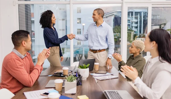 B2b success, winner or happy man shaking hands in meeting or startup project partnership or business deal. Handshake, smile or excited black woman with sales team goals, feedback or hiring agreement.