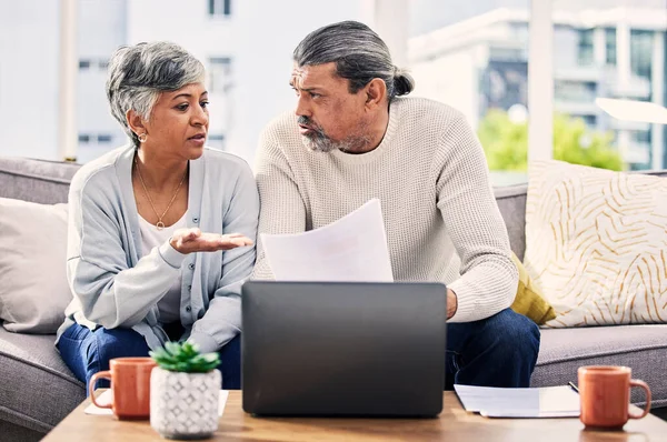 Senior Couple Documents Stress Laptop Financial Paperwork Taxes Retirement Questions — Stock Photo, Image