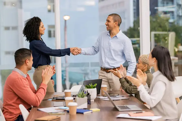 B2b success, winner or black woman shaking hands in meeting or startup project partnership or business deal. Handshake, mission or excited man with sales team goals, feedback or hiring agreement.