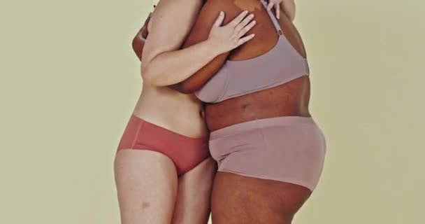 Body Positivity Studio Lingerie Women Hug Care Support Different Shape — Stock Video