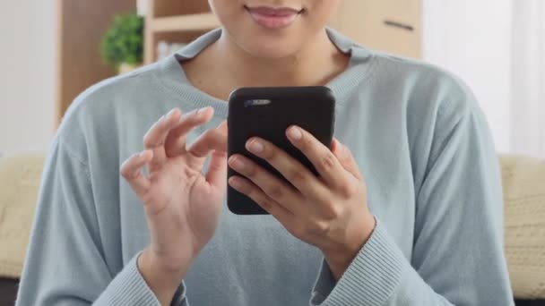 Hands Excited Woman Browsing Internet Scrolling Messages Social Media App — Stock Video