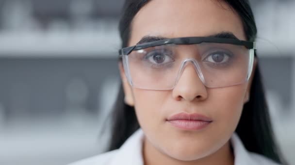 Phd Scientist Wearing Goggles Safety Research Lab Portrait Microbiologist Looking — Stock Video