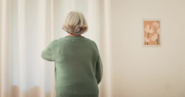 Senior Woman Open Curtain Home Fresh Air Morning Bedroom Back — Stock Video