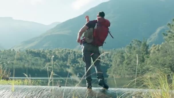 Throw Stone Man Hiking Lake Nature Adventure Explore Outdoors Camping — Stock Video