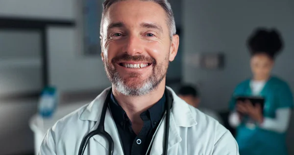 Happiness, surgeon face and professional man, nurse or cardiologist with career smile, service job or healthcare vocation. Hospital portrait, work commitment and clinic consultant for health wellness.