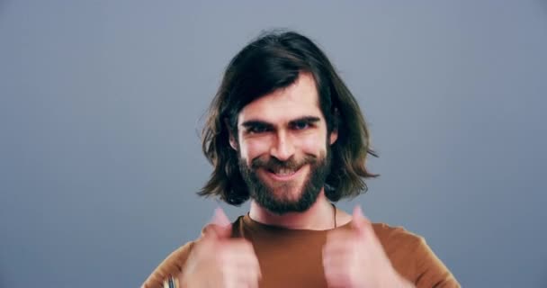 Aufgeregter Mann Gesicht Und Daumen Hoch Für Gute Arbeit Sieg — Stockvideo