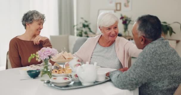 お茶会で話したり 引退したり 年長の友人と一緒にボンディングのために家を訪れたりする 社会集会のためのリビングルームにおける高齢者のグループとのケア コミュニティ サポート — ストック動画