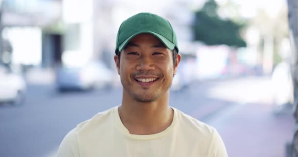 Faccia Sorriso Sussurro Con Uomo Asiatico Città Gesto Silenzioso Silenzioso — Video Stock