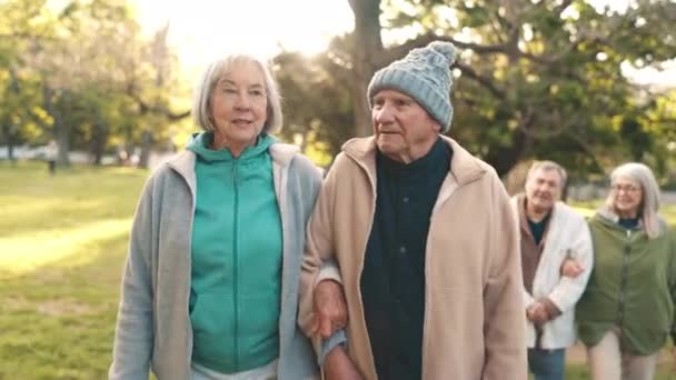 Старшая Пара Прогуливаясь Разговаривая Парке Вместе Утренних Упражнений Связи Счастливой — стоковое видео