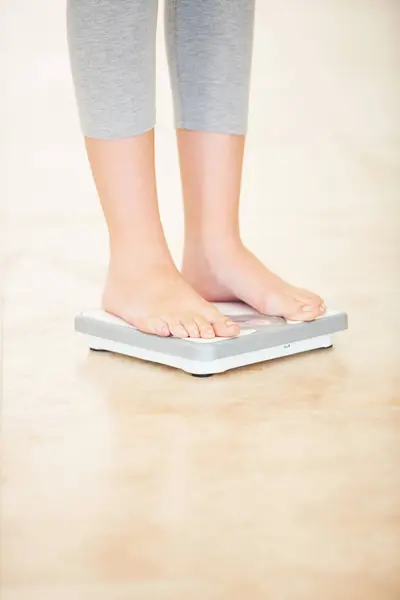 Obese Woman Standing Analog Bathroom Scale View Stock Photo by