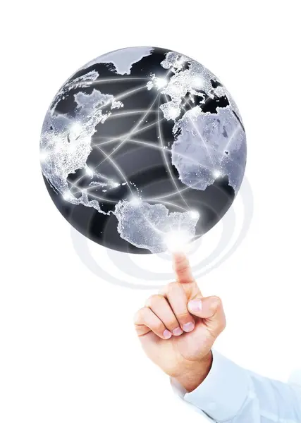 Ręka Świat Globus Hologramem Biznes Rozwój Międzynarodowym Łańcuchem Dostaw Połączenia — Zdjęcie stockowe