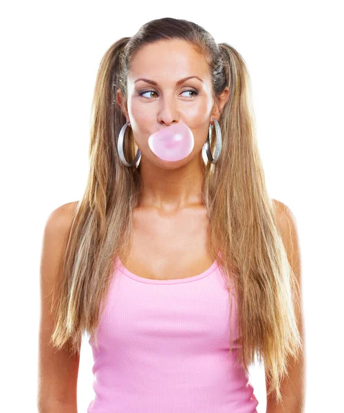 Model Blow Bubbles Chewing Gum Studio Thinking Decision Contemplation White — Stock Photo, Image