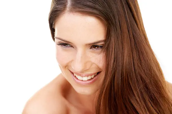 Mulher Rosto Beleza Com Sorriso Estúdio Para Cuidado Cabelo Tratamento — Fotografia de Stock