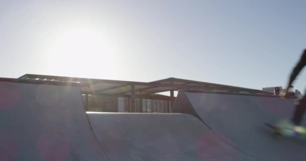 スポーツ 日光や夏のトレーニングのための公園の屋外で男 スタント スケートボード パフォーマンス アクションとエネルギーのためのランプ上の個人 スキルとスケートボード — ストック動画