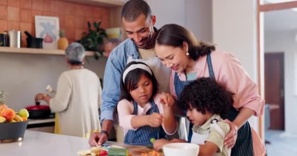 子供たちは 休日のキッチン 休暇の家 または再会のランチを手伝います 大きい家族 息子および娘または植物の関係のための栄養 食事の健康な食糧 — ストック動画