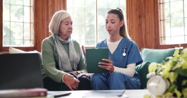 Slecht Nieuws Oude Vrouw Verpleegster Met Tabletresultaten Medisch Onderzoek Kankerdiagnose — Stockvideo