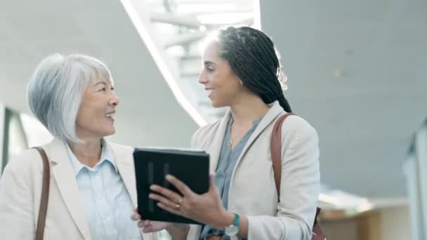 Femmes Affaires Tablette Conversation Heureuse Avec Planification Ligne Personnel Analyste — Video